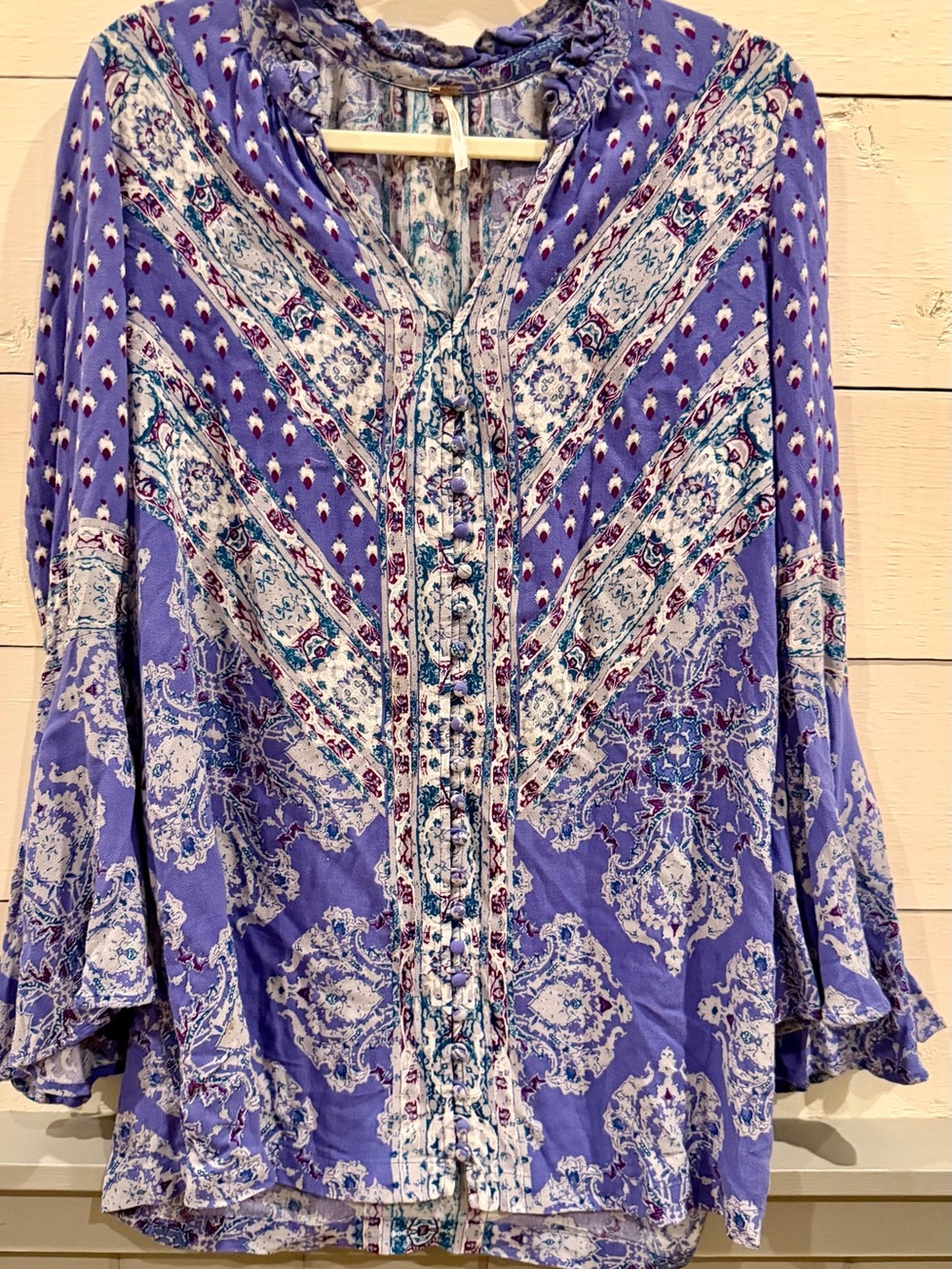 Free People Purple/Blue Boho Print Button Front Tunic Blouse Top S